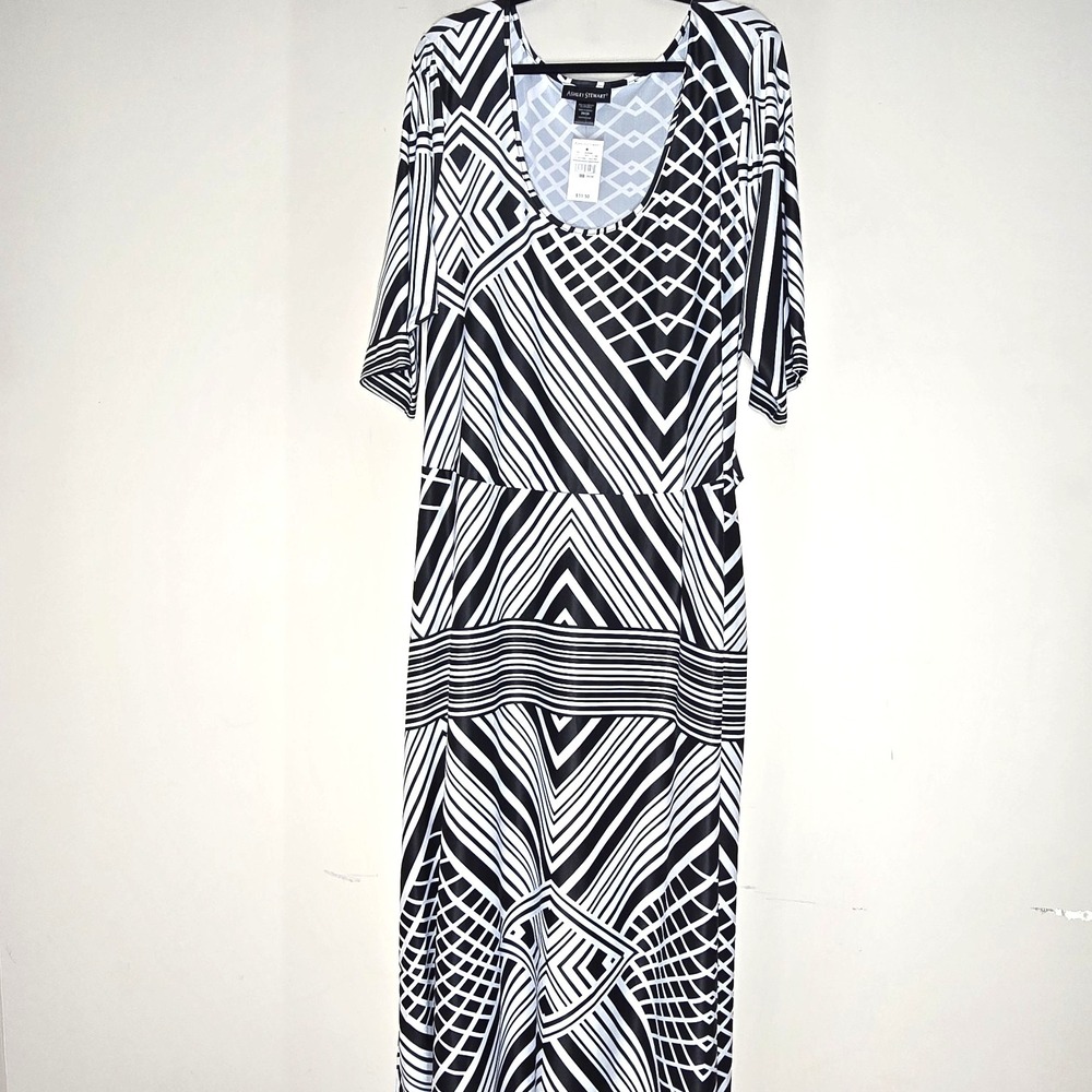 Ashley Stewart Geometric‎ Print Midi Dress Black White Stretch Knit Plus 26/28